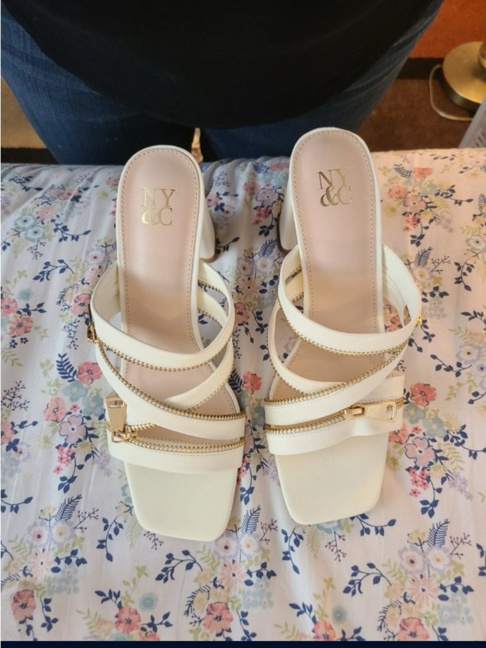 New York & Company Cream Strappy Mule Sandals with Gold Zip Trim